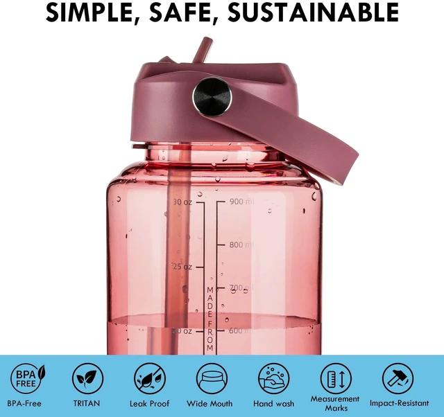 Alt view image 3 of 6 - OLDLEY 32oz Tritan Clear Water Bottle with Straw, Leakproof, BPA-Free, Wide Mouth, Reusable Sports Bottle with Marked Bottle and Carry Handle, for Gym, Hiking, Camping, T