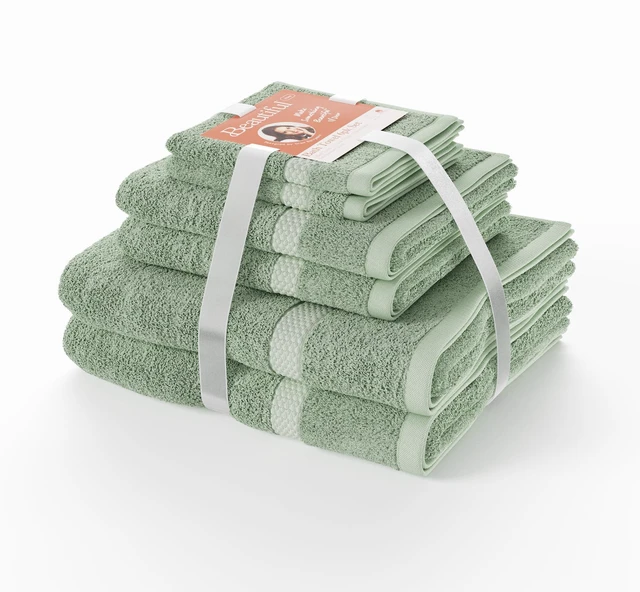 Main image of 6-Piece Dobby Bath Towel Set by Beautiful by Drew Barrymore, 100% Cotton, Sage Green