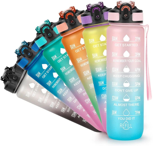 Main image of YC Kitchen Motivational Sports Water Bottle with Time Marker, 32oz, Leak-Proof BPA Free, Straw and Carrying Strap