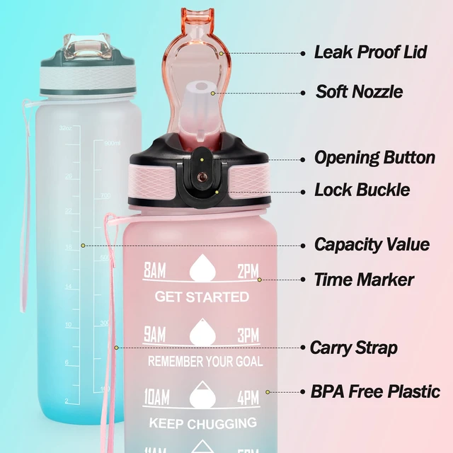 Alt view image 2 of 6 - YC Kitchen Motivational Sports Water Bottle with Time Marker, 32oz, Leak-Proof BPA Free, Straw and Carrying Strap