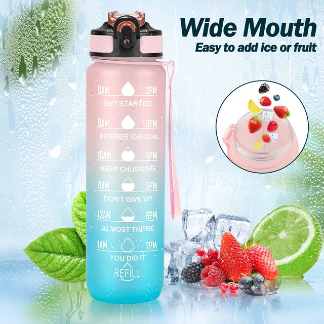 Alt view image 3 of 6 - YC Kitchen Motivational Sports Water Bottle with Time Marker, 32oz, Leak-Proof BPA Free, Straw and Carrying Strap