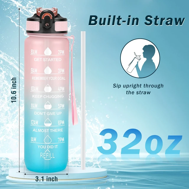 Alt view image 5 of 6 - YC Kitchen Motivational Sports Water Bottle with Time Marker, 32oz, Leak-Proof BPA Free, Straw and Carrying Strap