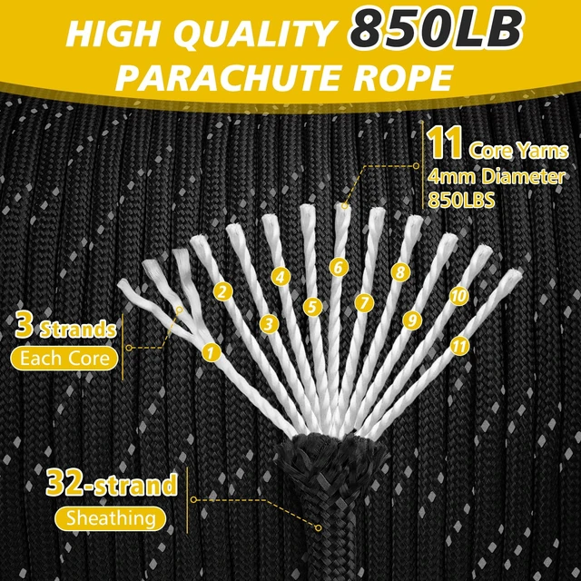 Alt view image 4 of 6 - Reflective Paracord Rope 850lb, 4mm 11 Strand, 100ft Black Utility Cord for Camping Hiking Survival Tactical Clothesline DIY