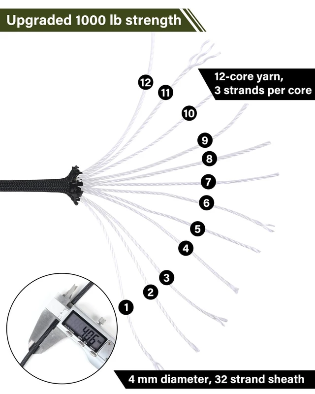 Alt view image 7 of 7 - 1000lb 5/32in (4mm) 12 Strand Nylon Tactical Paracord, 100ft Utility Rope for Survival Camping Hiking Outdoor Crafting Bracelets Clothesline - Black