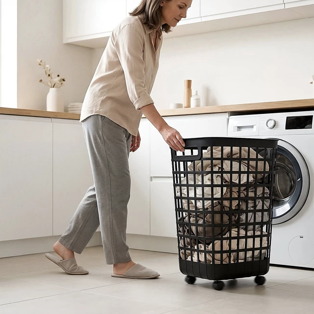 Alt view image 2 of 6 - Mainstays 2.6 Bushel Rolling Laundry Hamper, Black Plastic