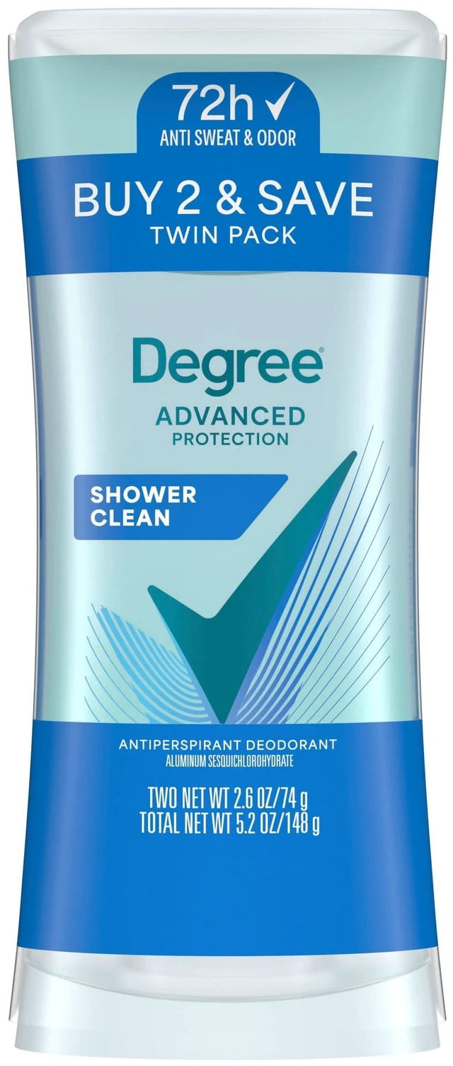 Main image of Degree Advanced Antiperspirant Deodorant, Shower Clean, 72-Hour Sweat & Odor Protection, 2.6 oz Twin Pack