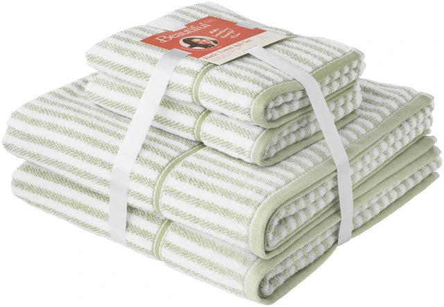 Main image of Beautiful by Drew Barrymore 4-Piece Stripe Towel Set, 100% Cotton, Sage Green