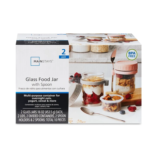 Alt view image 2 of 5 - Mainstays Glass Portable Overnight Oats Food Jar and Parfait Container Set, 16 oz, 2 Count