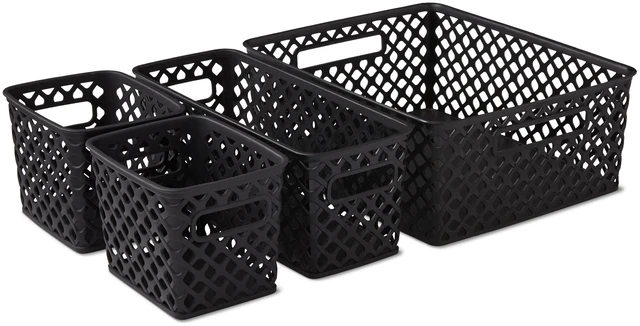 Main image of Mainstays 4-Piece Black Decorative Plastic Storage Basket Set, 14in x 11.6in x 5.3in