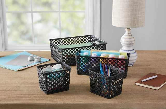 Alt view image 5 of 5 - Mainstays 4-Piece Black Decorative Plastic Storage Basket Set, 14in x 11.6in x 5.3in
