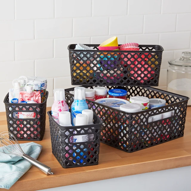 Alt view image 3 of 5 - Mainstays 4-Piece Black Decorative Plastic Storage Basket Set, 14in x 11.6in x 5.3in