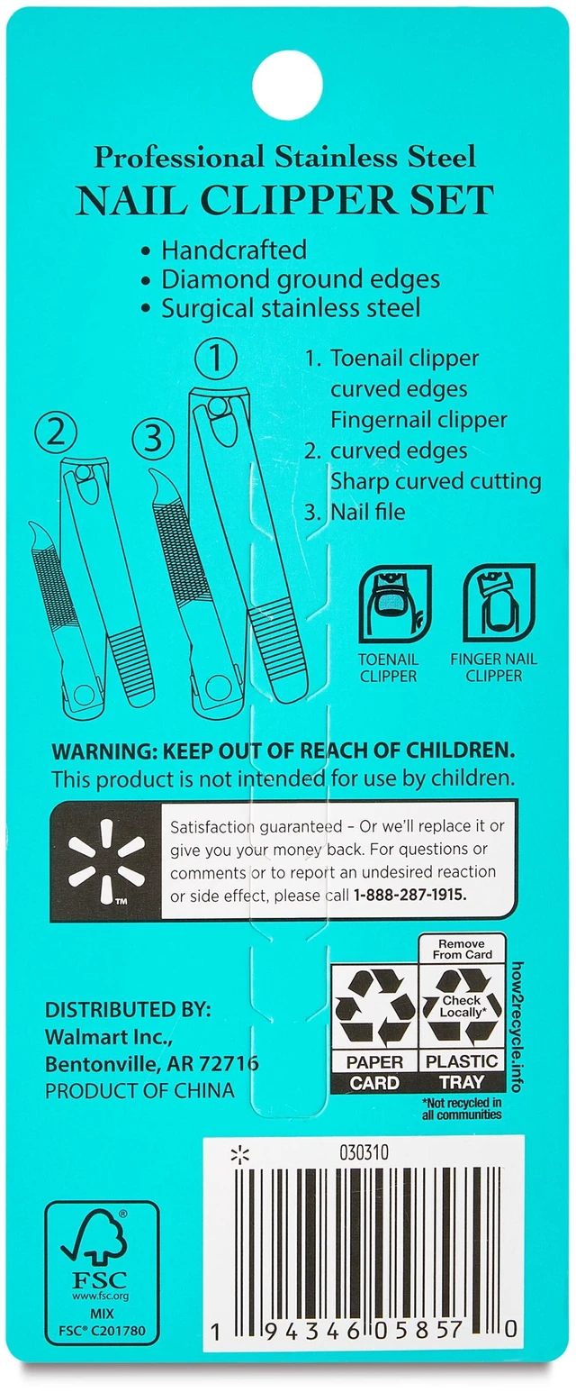 Alt view image 3 of 6 - Equate Stainless Steel Toenail and Fingernail Clippers with File, 3 Pack