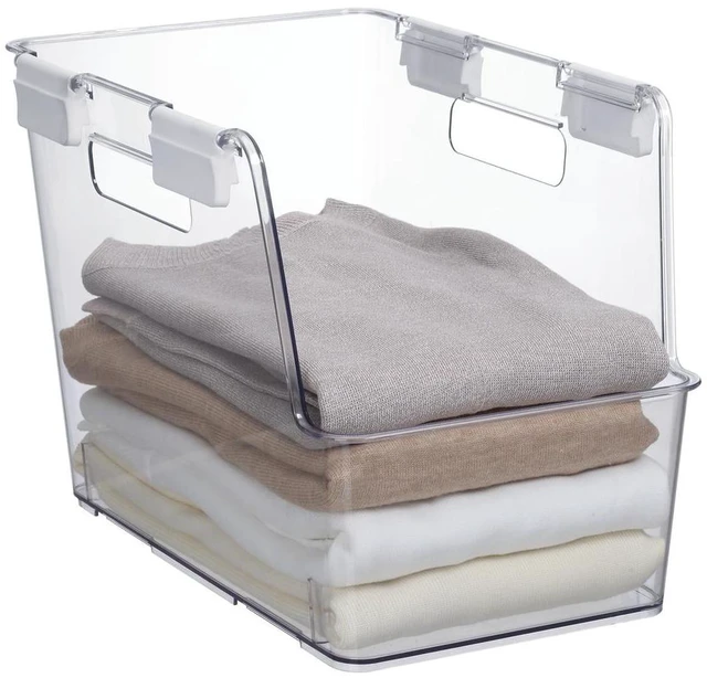 Main image of Mainstays Small Clear Plastic Stackable Closet Organizer Bin with White Latches
