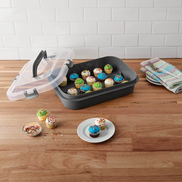 Alt view image 2 of 7 - Mainstays Rectangular Cupcake & Cake Carrier with Lid, Handle, Clasps & Removable Flippible Cupcake Tray, Grey Plastic