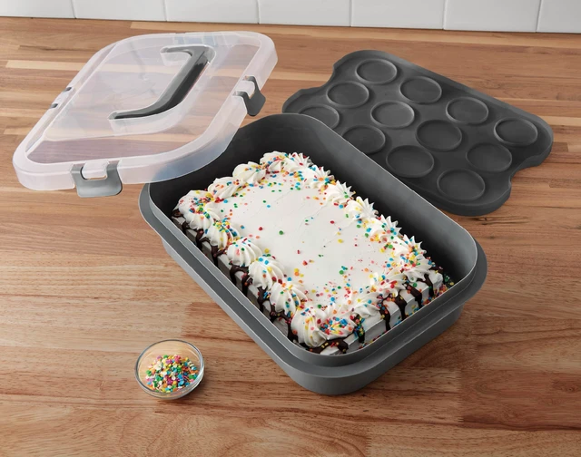 Alt view image 3 of 7 - Mainstays Rectangular Cupcake & Cake Carrier with Lid, Handle, Clasps & Removable Flippible Cupcake Tray, Grey Plastic