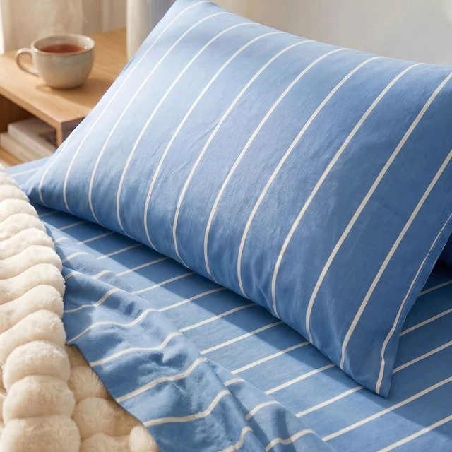 Alt view image 3 of 5 - Mainstays Dreamy Soft 3-Piece Bed Sheet Set, 100% Cotton, 220 Thread Count Brushed and Washed Sateen, Deep Pocket, Twin/Twin XL, Blue Stripe