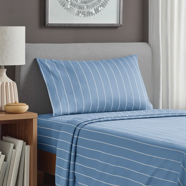 Alt view image 2 of 5 - Mainstays Dreamy Soft 3-Piece Bed Sheet Set, 100% Cotton, 220 Thread Count Brushed and Washed Sateen, Deep Pocket, Twin/Twin XL, Blue Stripe