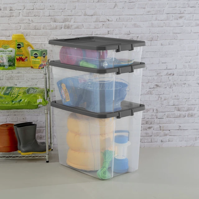 Alt view image 2 of 6 - Sterilite 76 Quart Stacker Clear Plastic Storage Bin with Latch Lid, Dark Gray, Durable