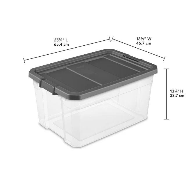 Alt view image 3 of 6 - Sterilite 76 Quart Stacker Clear Plastic Storage Bin with Latch Lid, Dark Gray, Durable