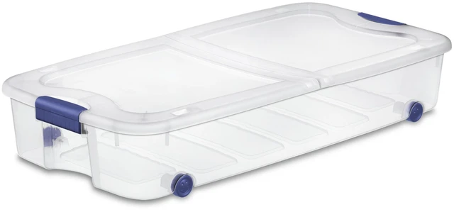 Main image of Sterilite 66 Quart Latching Underbed Wheeled Storage Bin, Clear Plastic with Latch Lid, Blue