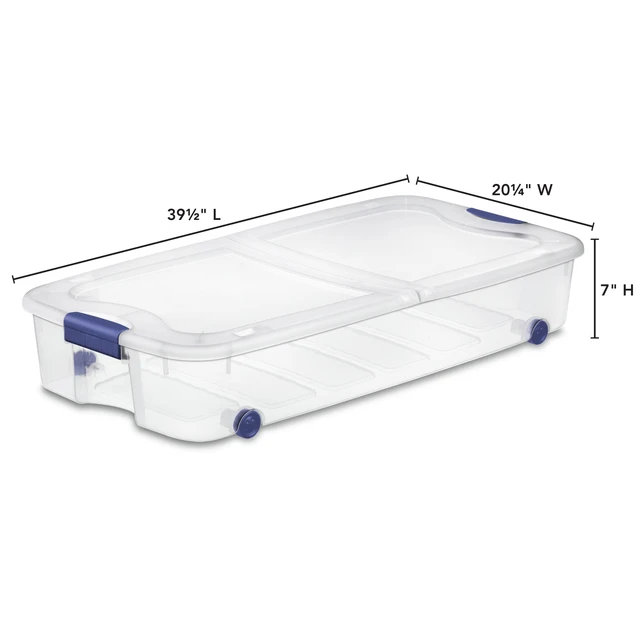 Alt view image 3 of 6 - Sterilite 66 Quart Latching Underbed Wheeled Storage Bin, Clear Plastic with Latch Lid, Blue
