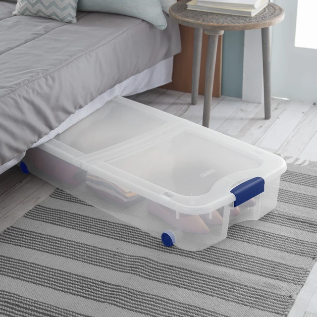Alt view image 6 of 6 - Sterilite 66 Quart Latching Underbed Wheeled Storage Bin, Clear Plastic with Latch Lid, Blue