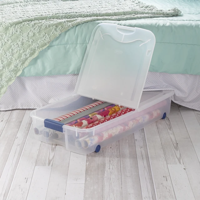 Alt view image 4 of 6 - Sterilite 66 Quart Latching Underbed Wheeled Storage Bin, Clear Plastic with Latch Lid, Blue