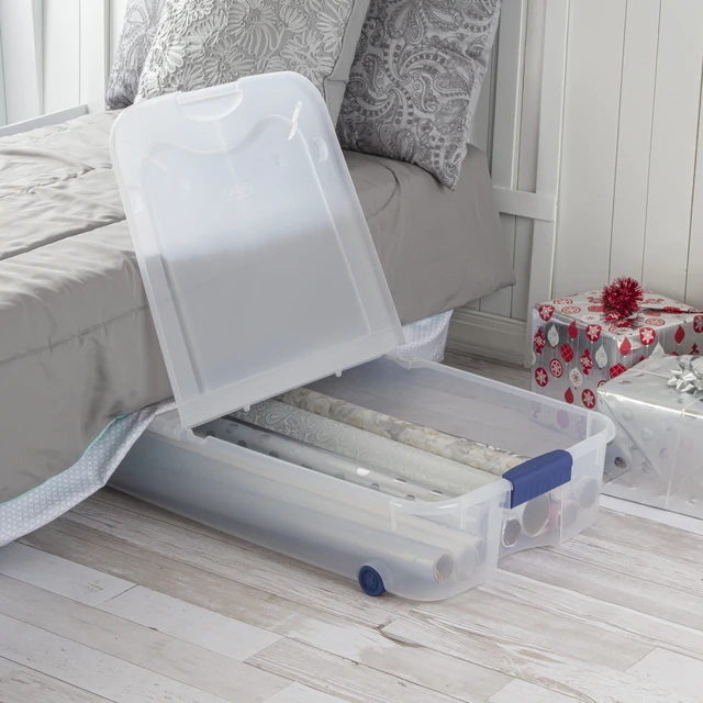 Alt view image 5 of 6 - Sterilite 66 Quart Latching Underbed Wheeled Storage Bin, Clear Plastic with Latch Lid, Blue