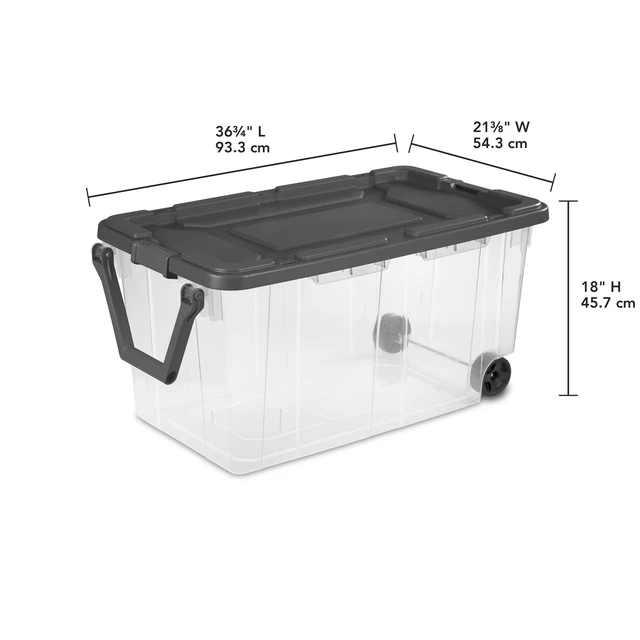 Alt view image 5 of 6 - Sterilite 160 Quart Extra-Large Wheeled Storage Bin with Latch Lid and Pull Handle, Durable, Clear, Dark Gray