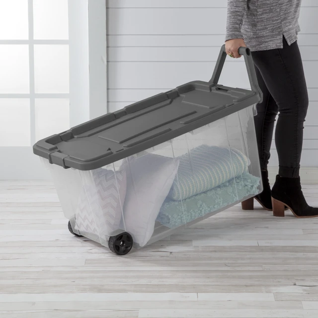 Alt view image 2 of 6 - Sterilite 160 Quart Extra-Large Wheeled Storage Bin with Latch Lid and Pull Handle, Durable, Clear, Dark Gray