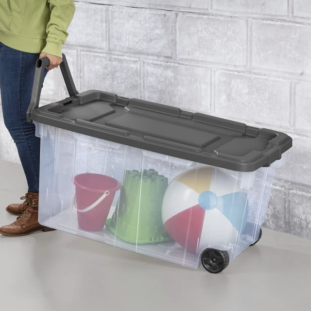 Alt view image 3 of 6 - Sterilite 160 Quart Extra-Large Wheeled Storage Bin with Latch Lid and Pull Handle, Durable, Clear, Dark Gray