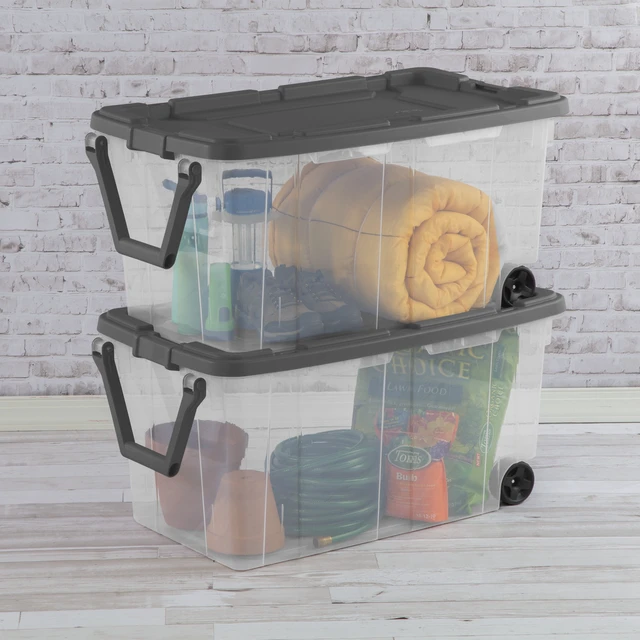 Alt view image 6 of 6 - Sterilite 160 Quart Extra-Large Wheeled Storage Bin with Latch Lid and Pull Handle, Durable, Clear, Dark Gray
