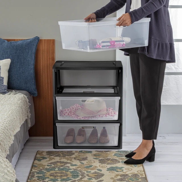 Alt view image 6 of 6 - Sterilite Wide 3 Drawer Tower Plastic Storage Organizer with Removable Clear Bins Easy Assembly No Tools Needed Black