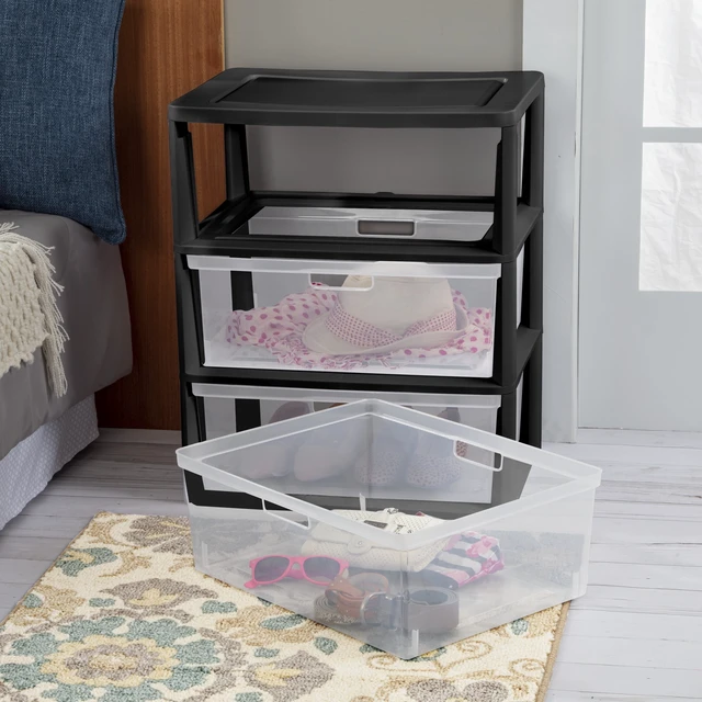 Alt view image 2 of 6 - Sterilite Wide 3 Drawer Tower Plastic Storage Organizer with Removable Clear Bins Easy Assembly No Tools Needed Black