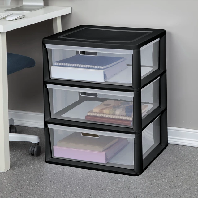 Alt view image 3 of 6 - Sterilite Wide 3 Drawer Tower Plastic Storage Organizer with Removable Clear Bins Easy Assembly No Tools Needed Black