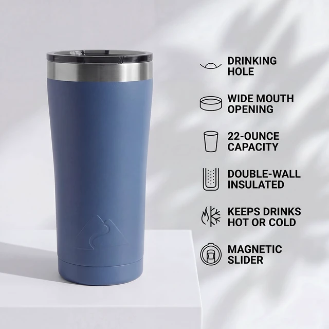 Alt view image 3 of 6 - Ozark Trail 22 oz Stainless Steel Vacuum Insulated Tumbler With Magnetic Slider Lid, Keeps Cold 12H, Blue Indigo