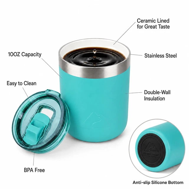 Alt view image 2 of 6 - Ozark Trail 10 oz Ceramic-Lined Stainless Steel Lowball Tumbler with Magnetic Tritan Transparent Slider Lid, Teal