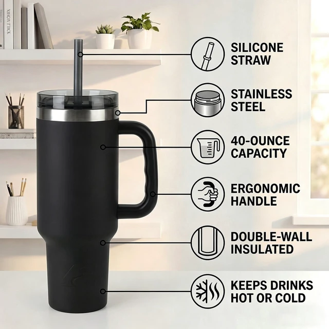 Alt view image 5 of 5 - Ozark Trail 40oz Stainless Steel Insulated Tumbler with Handle, Black