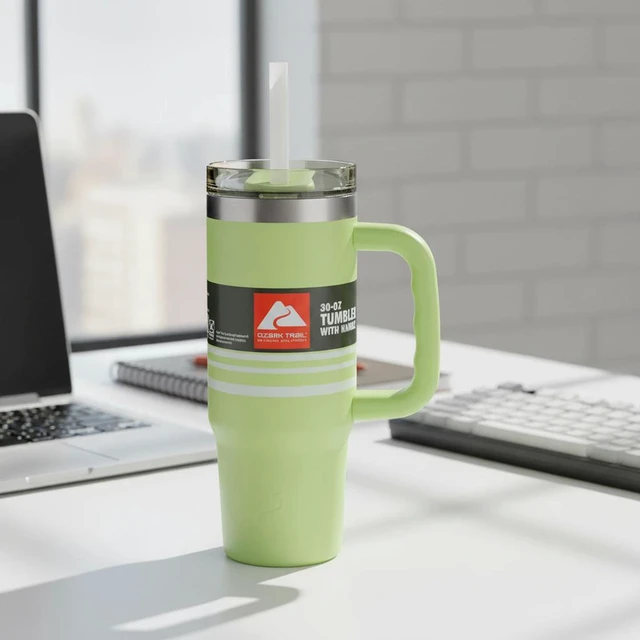 Alt view image 3 of 6 - Ozark Trail 30 oz Stainless Steel Insulated Tumbler with Handle, Sonic Lime Stripes