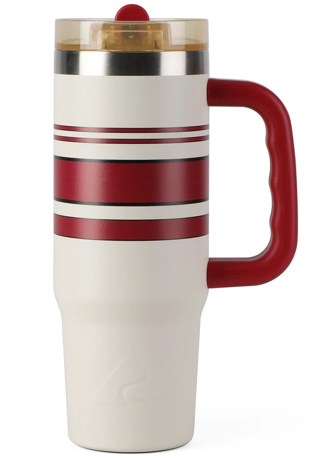 Main image of Ozark Trail 30 oz Stainless Steel Insulated Tumbler with Handle, White with Red and Black Varsity Stripes