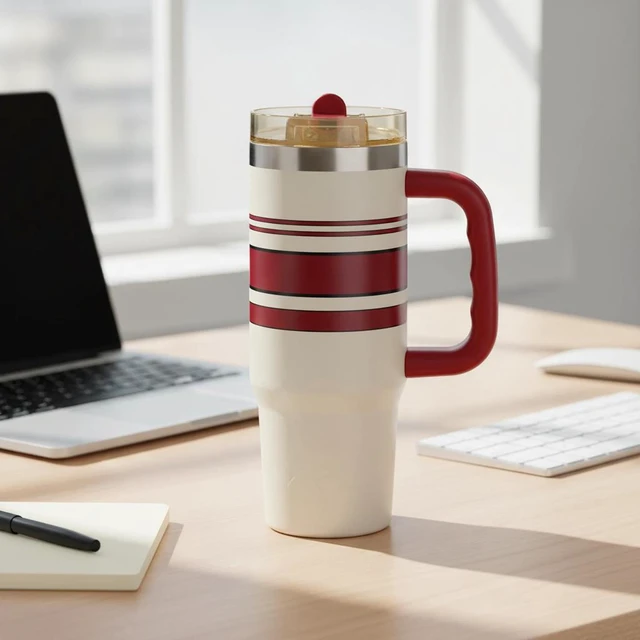 Alt view image 3 of 6 - Ozark Trail 30 oz Stainless Steel Insulated Tumbler with Handle, White with Red and Black Varsity Stripes