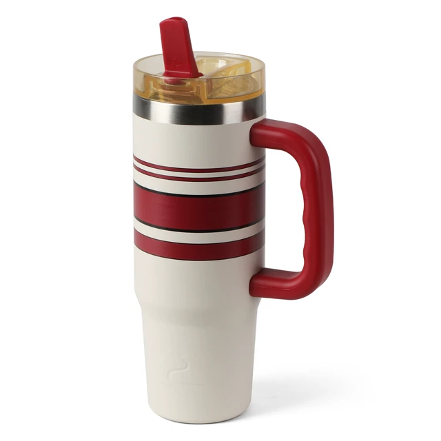 Alt view image 2 of 6 - Ozark Trail 30 oz Stainless Steel Insulated Tumbler with Handle, White with Red and Black Varsity Stripes