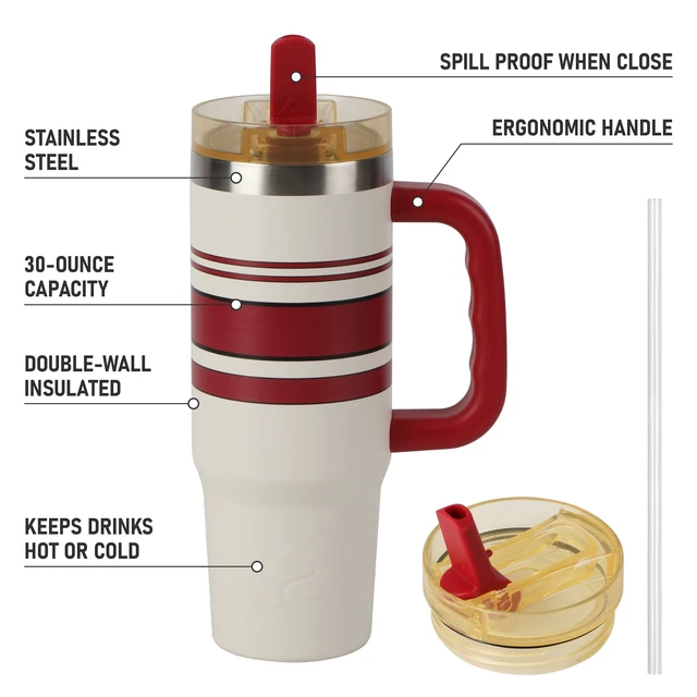Alt view image 5 of 6 - Ozark Trail 30 oz Stainless Steel Insulated Tumbler with Handle, White with Red and Black Varsity Stripes