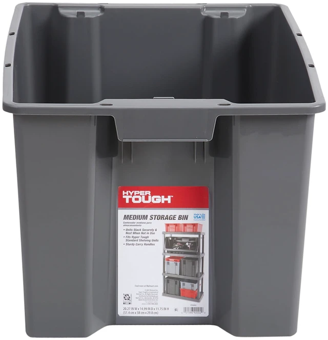 Main image of Hyper Tough Plastic Stacking Open Storage Bin, Medium, Gray, No Lid