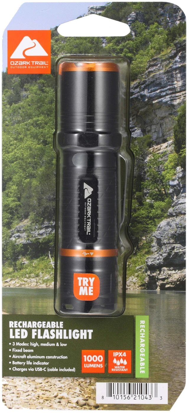 Main image of Ozark Trail Rechargeable LED Flashlight, 1000Lumens, 4Modes, IPX4 Water Resistant, Black