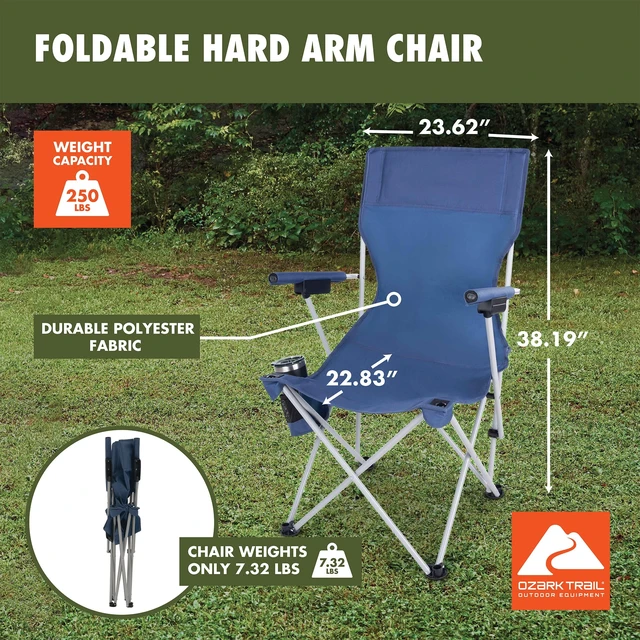 Alt view image 4 of 6 - Ozark Trail Hard Arm Camping Chair, Polyester Seat, Steel Frame, Portable Folding Design with Cup Holder