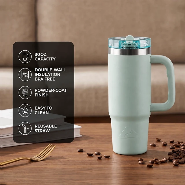 Alt view image 6 of 6 - Ozark Trail 30oz Insulated Stainless Steel Travel Tumbler with Handle and Flip Straw Lid, Sage Green