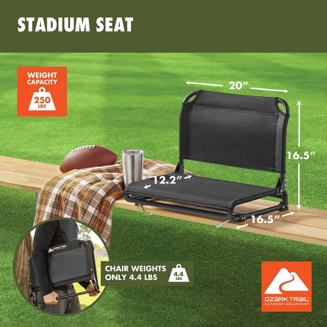 Alt view image 2 of 6 - Ozark Trail Extra-Wide Stadium Seat with Hooks, Rich Black
