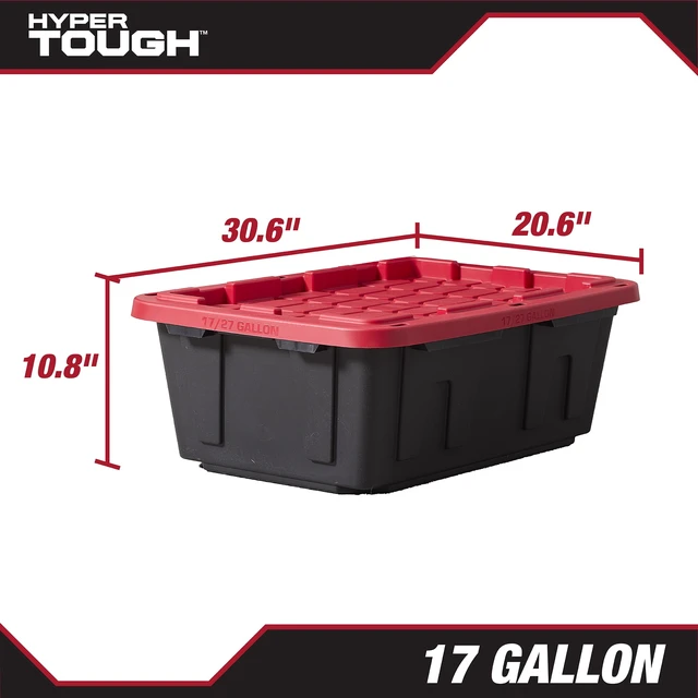 Alt view image 2 of 6 - Hyper Tough 17 Gallon Plastic Storage Bin with Snap Lid, Black Base/Red Lid