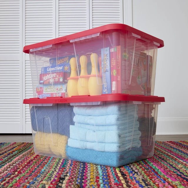 Alt view image 3 of 6 - Hyper Tough 27 Gallon Clear Plastic Storage Bin with Red Snap Lid